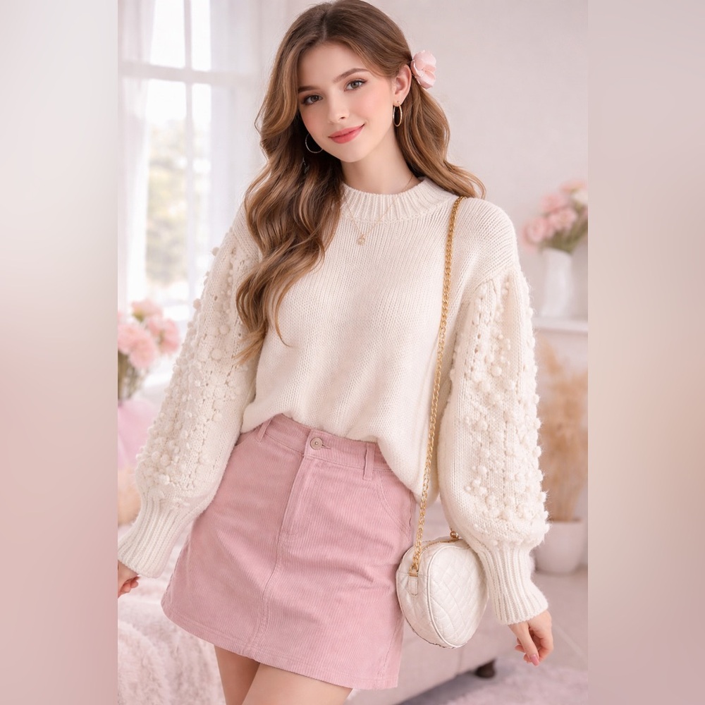 Q&A Ivory Pom Pom‎ Sleeve Sweater Romantic Cottagecore Soft Girl Size L